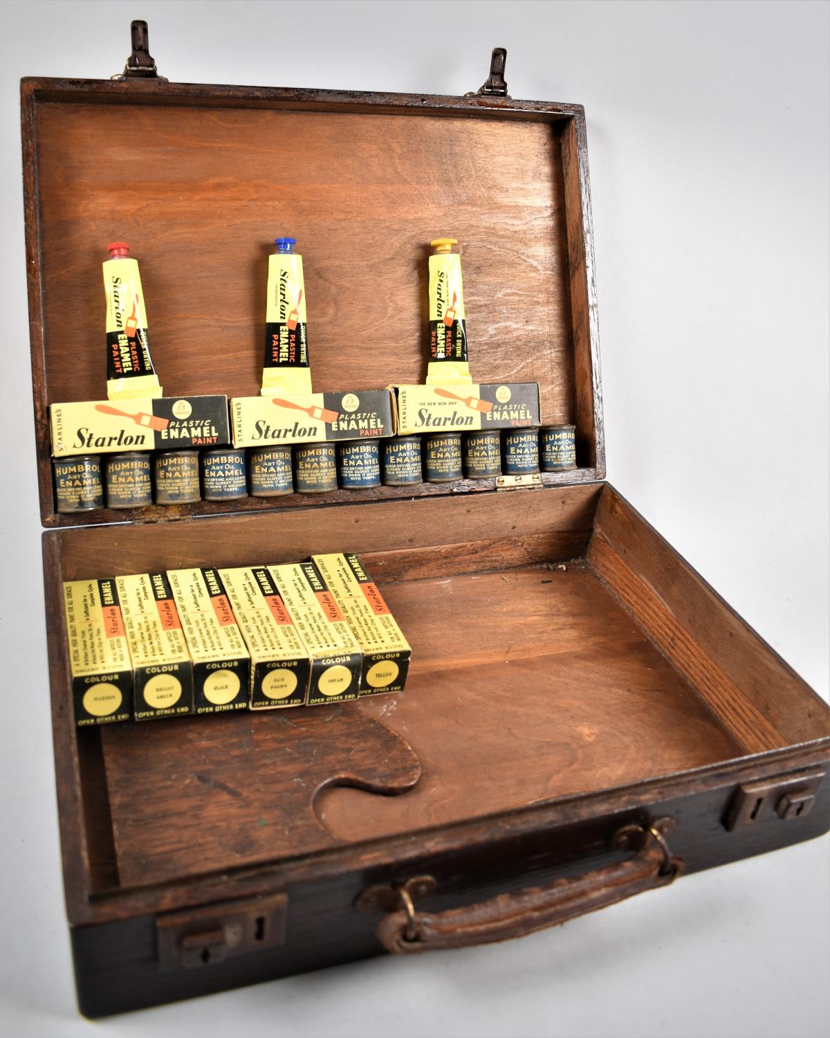An Edwardian Wooden Box containing Vintage Humbrol Enamels, Starlon Plastic Enamels Etc
