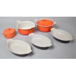 Two Le Creuset Pans One with Lid, Three Oval Le Creuset Oven to Table Dishes and a Small Lidded Le