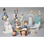 A Collection of Various Figural Ornaments, Nao, Royal Doulton Character Jug, Beswick Bulldog (Chip