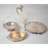 A Collection of Silver Plate to Include Scalloped Edged Salver on Three Feet, Cake Basket, Claret