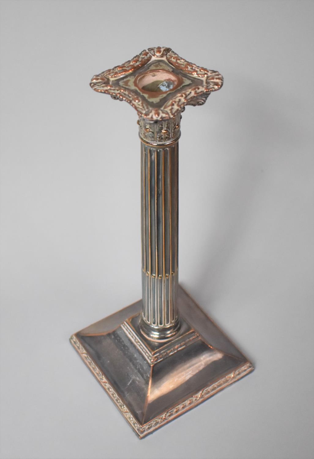 A Sheffield Plated Corinthian Column Candlestick on Square Base with Reeded Support, 30cms High - Image 3 of 3