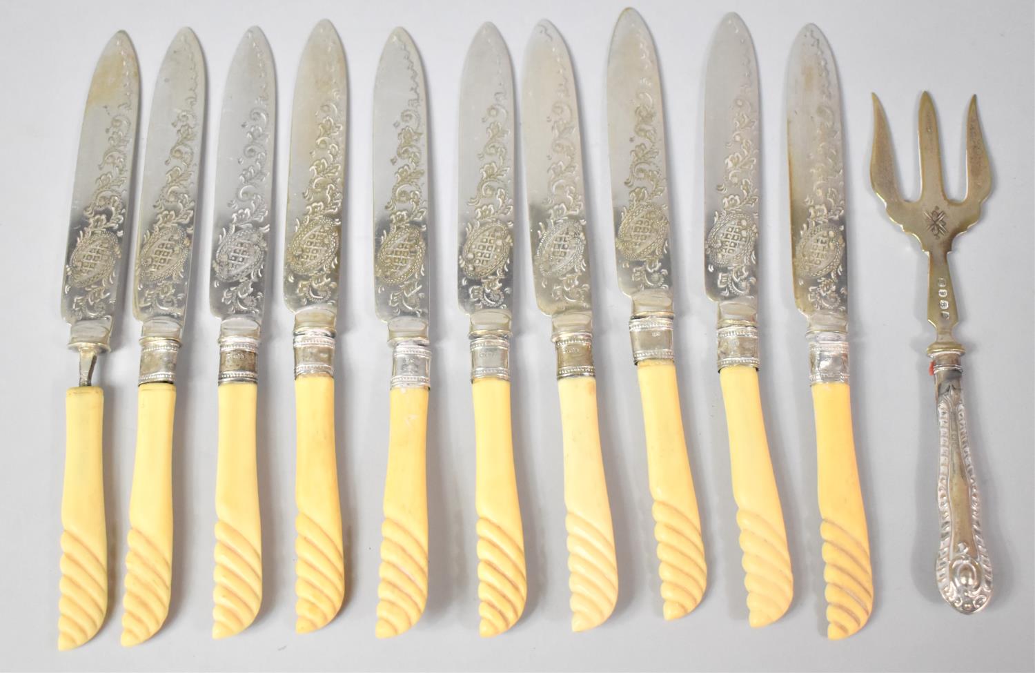 A Collection of Various Silver Mounted Etched Bladed Fruit Knives (Condition Issues) Together with a