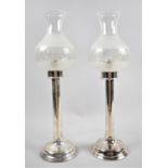 A Pair of Vintage Silver Plated Candlesticks with Etched Glass Shades, Overall Height 43cm