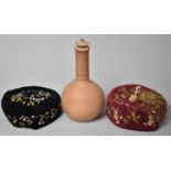 A Terracotta Flask Together with Two Silk Embroidered Late Victorian Nightcaps