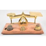A Set of Brass Postage Scales on Wooden Rectangular Plinth, Complete with Unrelated Weights, 20cms