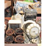 Four Salt Glazed Furniture Stands, Three Vintage Clocks, Vintage Radio and Pair of Glass Figural