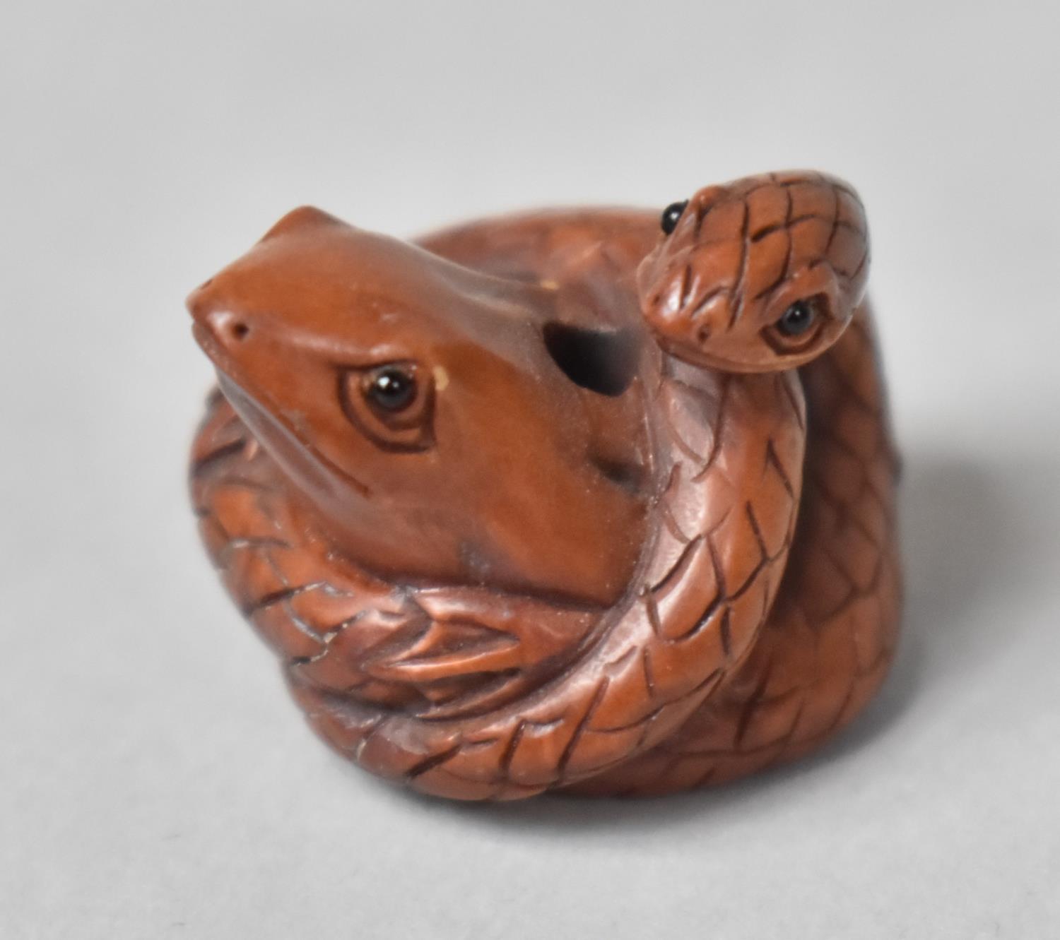 A Carved Wooden Netsuke in the form of a Snake Entwining a Frog - Image 2 of 4