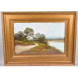 A Large Gilt Framed Oil Depicting Thatched Cottage Beside Pond, 57x37cm