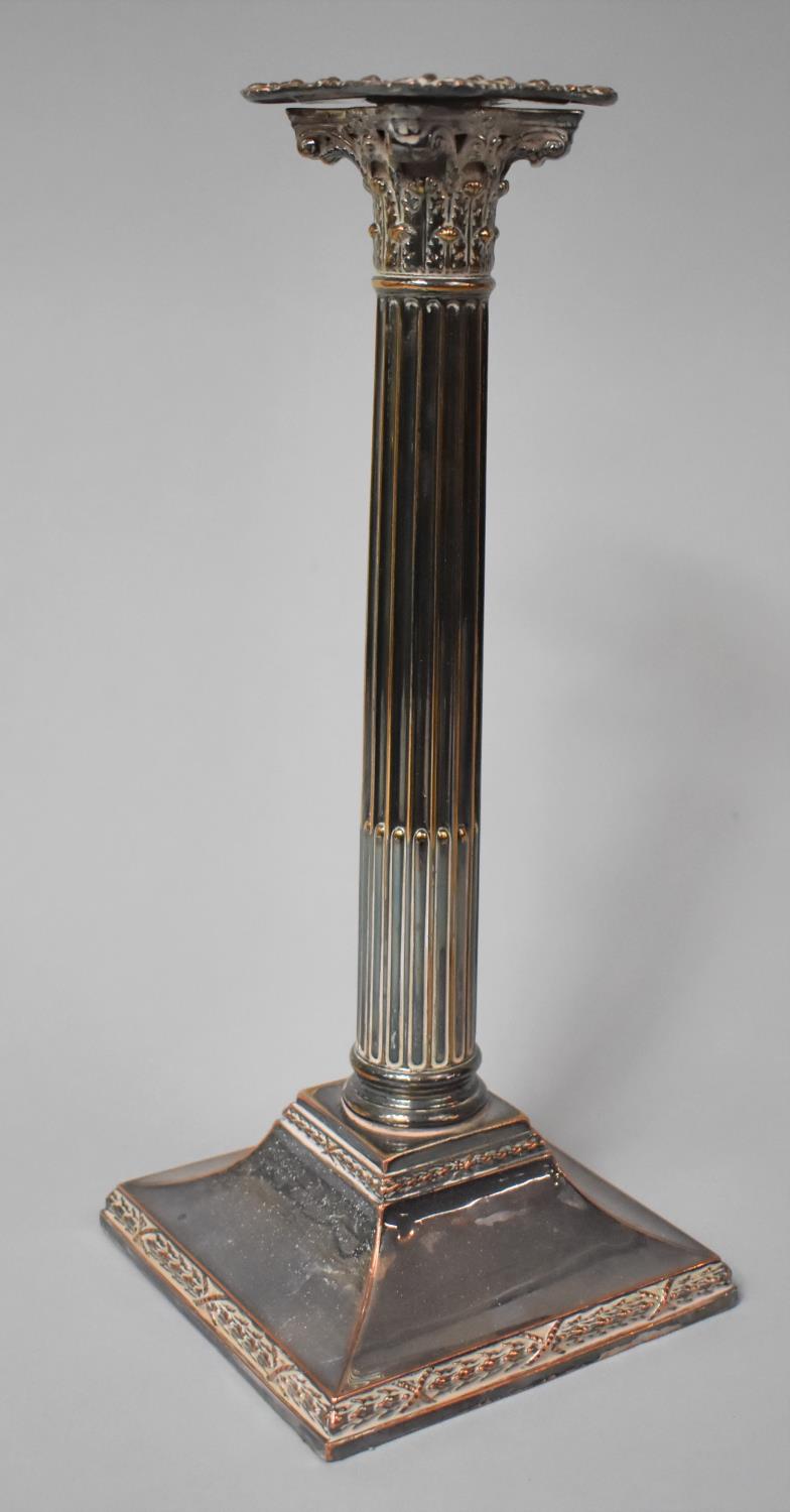A Sheffield Plated Corinthian Column Candlestick on Square Base with Reeded Support, 30cms High - Image 2 of 3
