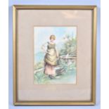 A Small Framed Watercolour Depicting Girl at Well, 17x12.5cm