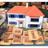 A Mid 20th Century Dolls House, 65cm wide Together with a Collection of Wooden Furniture Still in