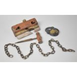 A Small Collection of Tools to Include File, Moulding Plane and Locked Vintage Padlock, Chain