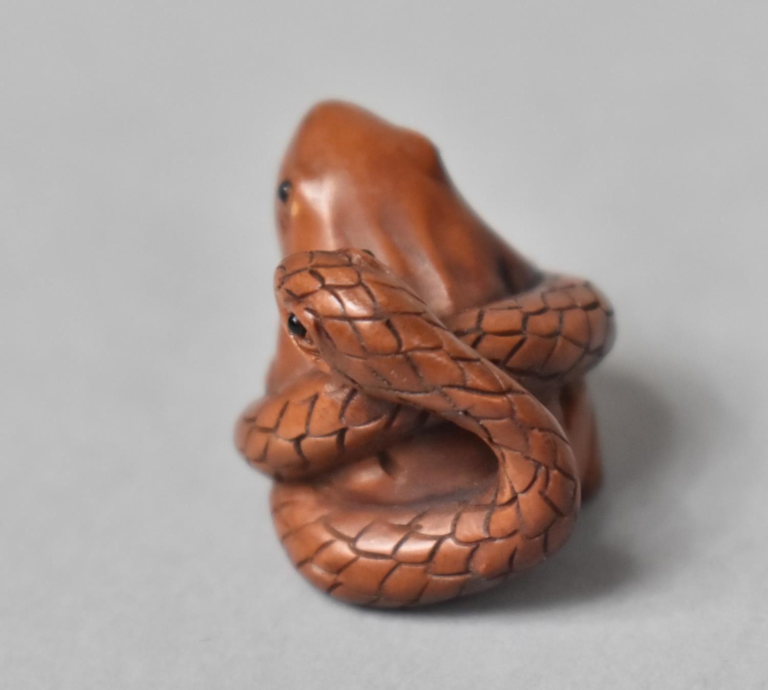 A Carved Wooden Netsuke in the form of a Snake Entwining a Frog - Image 3 of 4