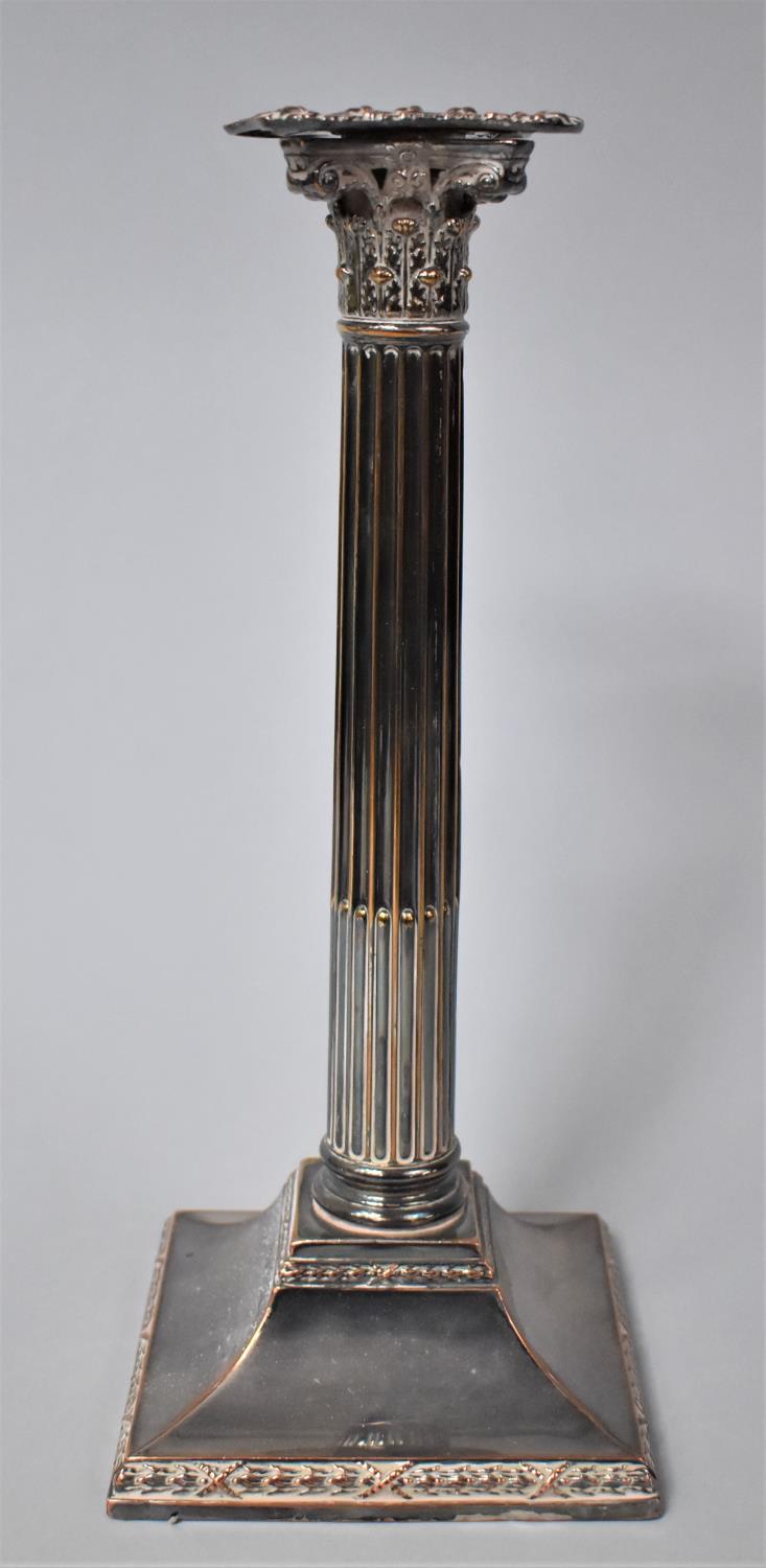 A Sheffield Plated Corinthian Column Candlestick on Square Base with Reeded Support, 30cms High