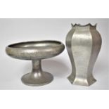 A Hand Beaten Pewter Fruit Bowl on Stand Together with a Hexagonal Hand Beaten Pewter Vase, 26cm