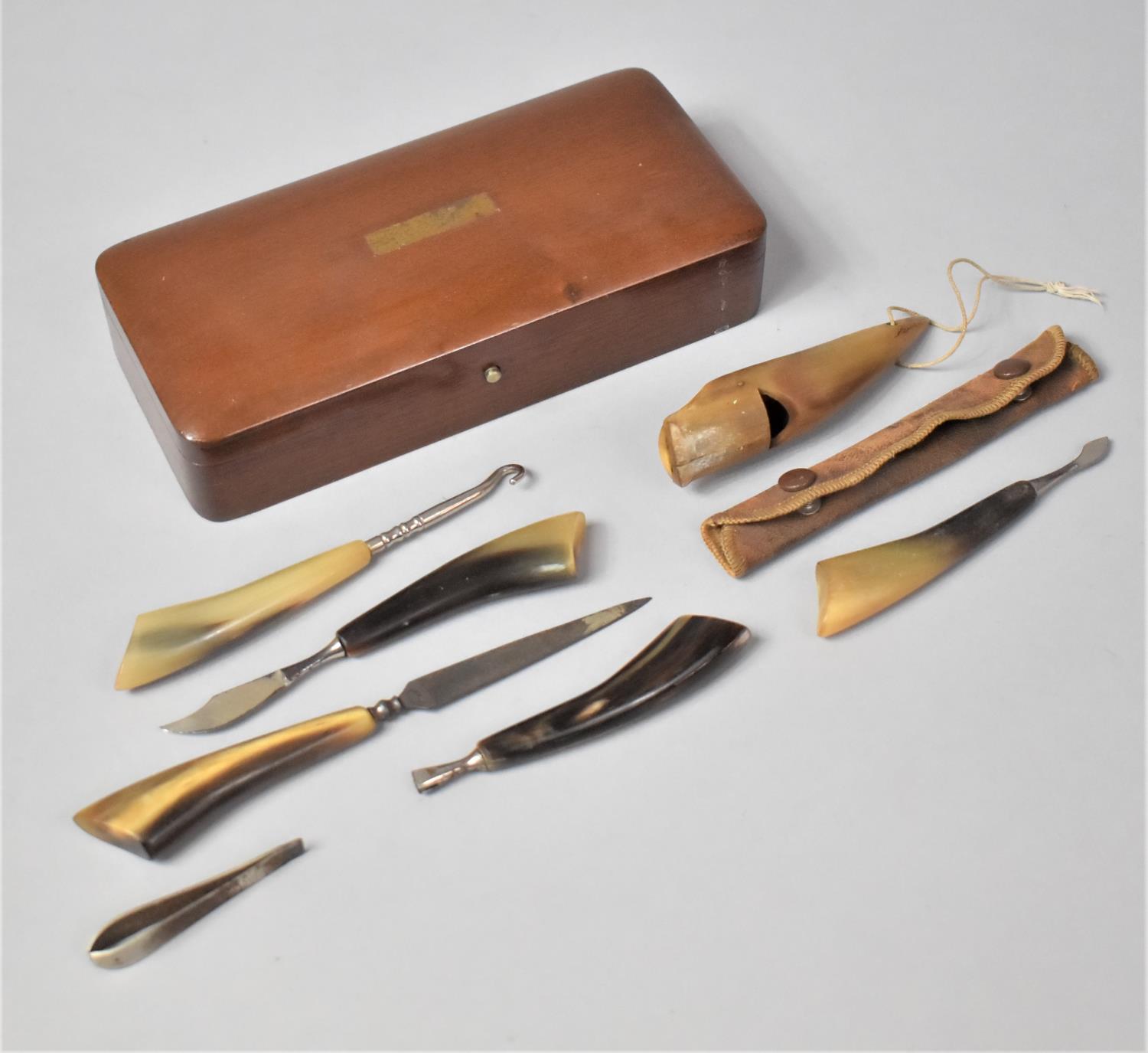 A Kropp Razor Box Containing Horn Whistle, Horn Handled Manicure Tools Etc