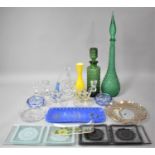 A Collection of Coloured and Plain Glassware to comprise Green Glass Italian Decanter, Yellow