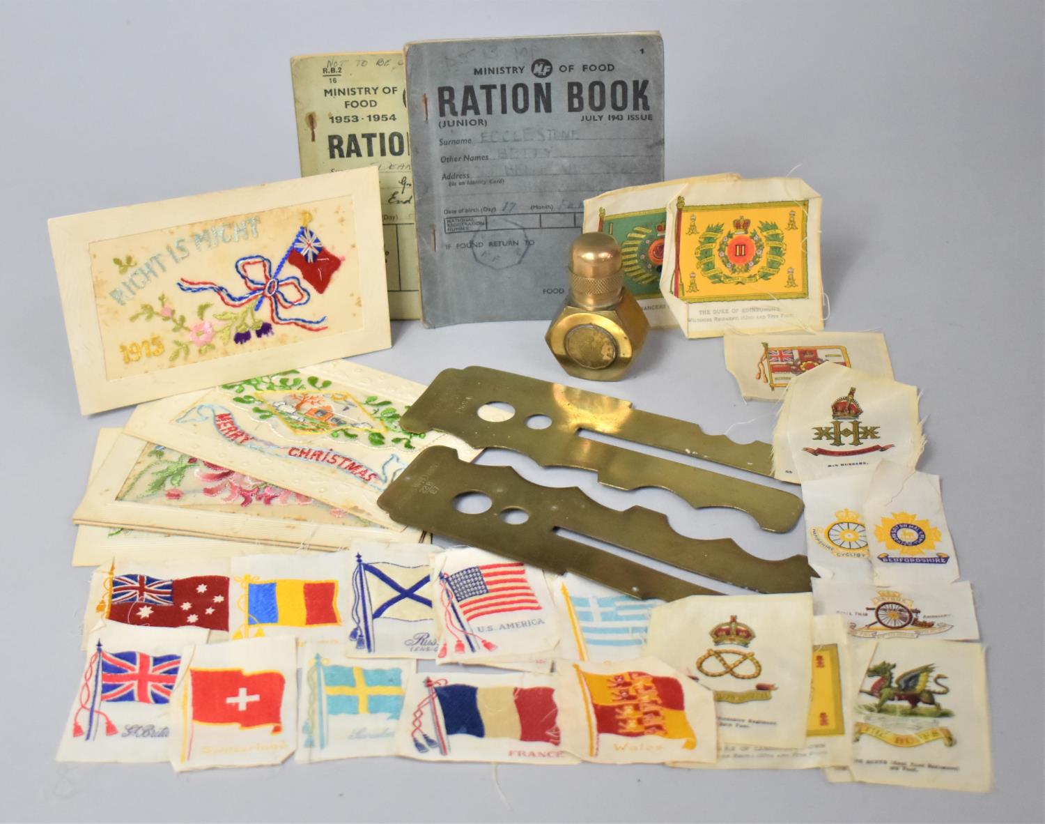 A Collection of WWI Silk Postcards, Ministry of Food Ration Books, Brass Button Cleaning Guards with