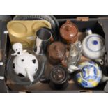 A Box Containing Various Kitchenware, Teapots and Jugs etc