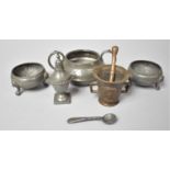 A Collection of Pewter Items To Include Two Salts, Pepper Pot Together with a Bronzed Two Handled