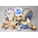 A Collection of Ceramics to Include Blue Salt Glazed Ring Jug (AF), Various Animal Ornaments, Ladies