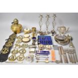 A Collection of Various Metalwares to comprise Horse Brasses, Silver Plated Cutlery, Candlesticks
