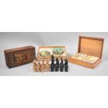 A Mid 20th Century Child's Wooden Chess Set, Carved Wooden Card Box and Oriental Mirror and Pill Box