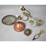A Collection of Various Mealwares to comprise Brass Two Branch Light Fitting, Copper Posser Etc