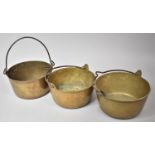 Three Vintage Brass Jam Kettles, 22cm Diameter