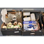 Two Boxes of Ceramics and Glassware, Power Craft Spray Gun, Metal Tin etc