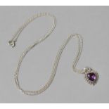 A Charles Horner Silver and Amethyst Heart Shaped Pendant on Fine Silver Chain, Hallmarked for