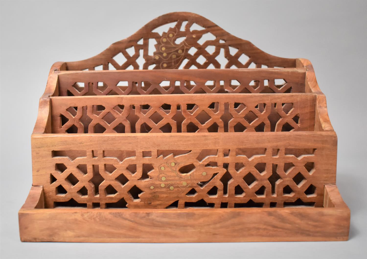 A Far Eastern Brass Inlaid Four Division Stationery Rack with Pierced Dividers and Sides, 25.5cm