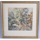A Framed Watercolour Depicting Figures on Lane Beside Watermill Signed J Reekie, 1905, 21x20cm