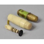 Two Vintage Cylindrical Needle Cases with Thimble Ends, One Containing Seal and the Other Sewing