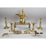 A Collection of Various Brass Items to Include Trivet, Candle Sticks, Coffee Pot etc