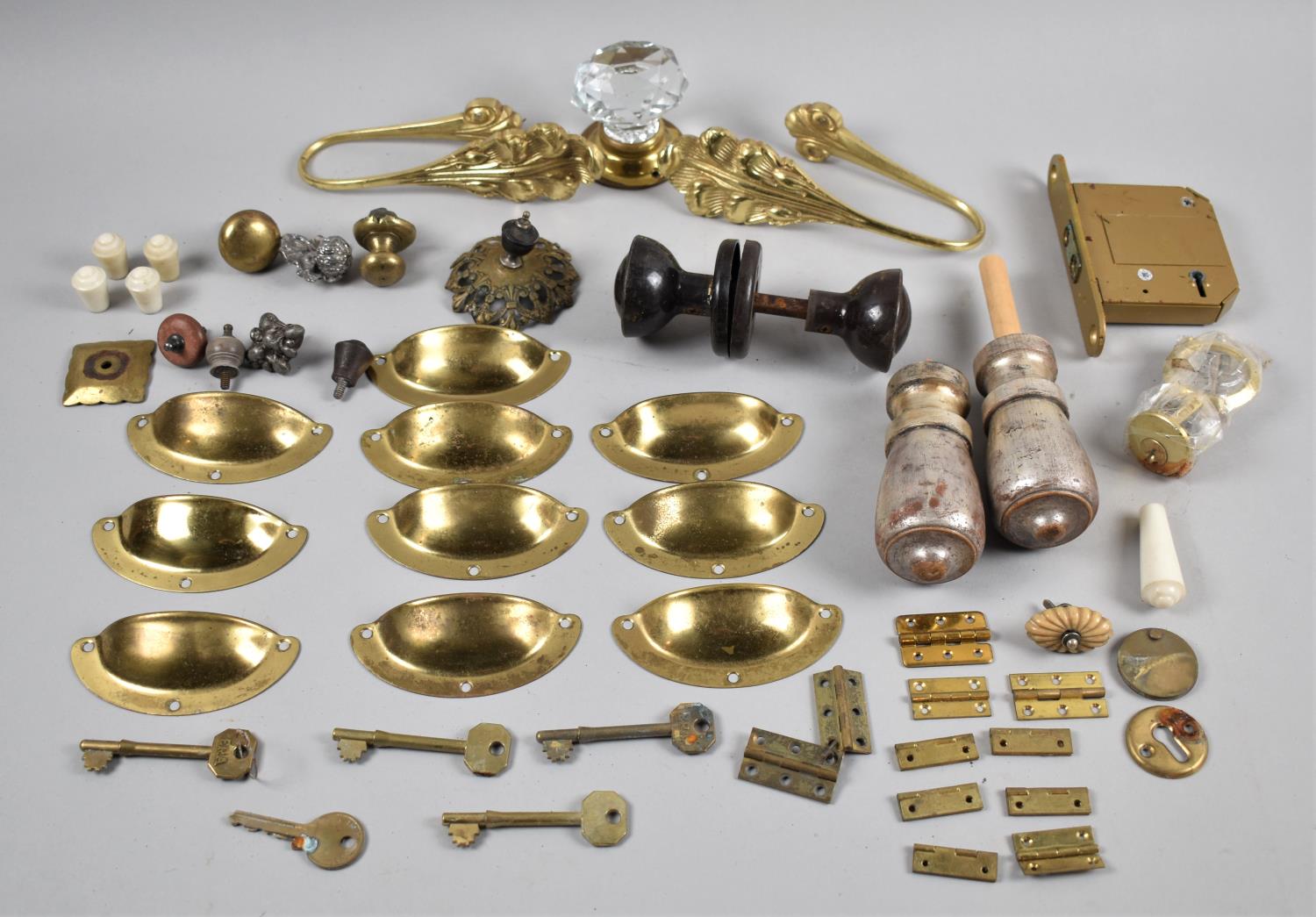 A Collection of Various Cabinet and Door Fittings, Brass Tiebacks etc