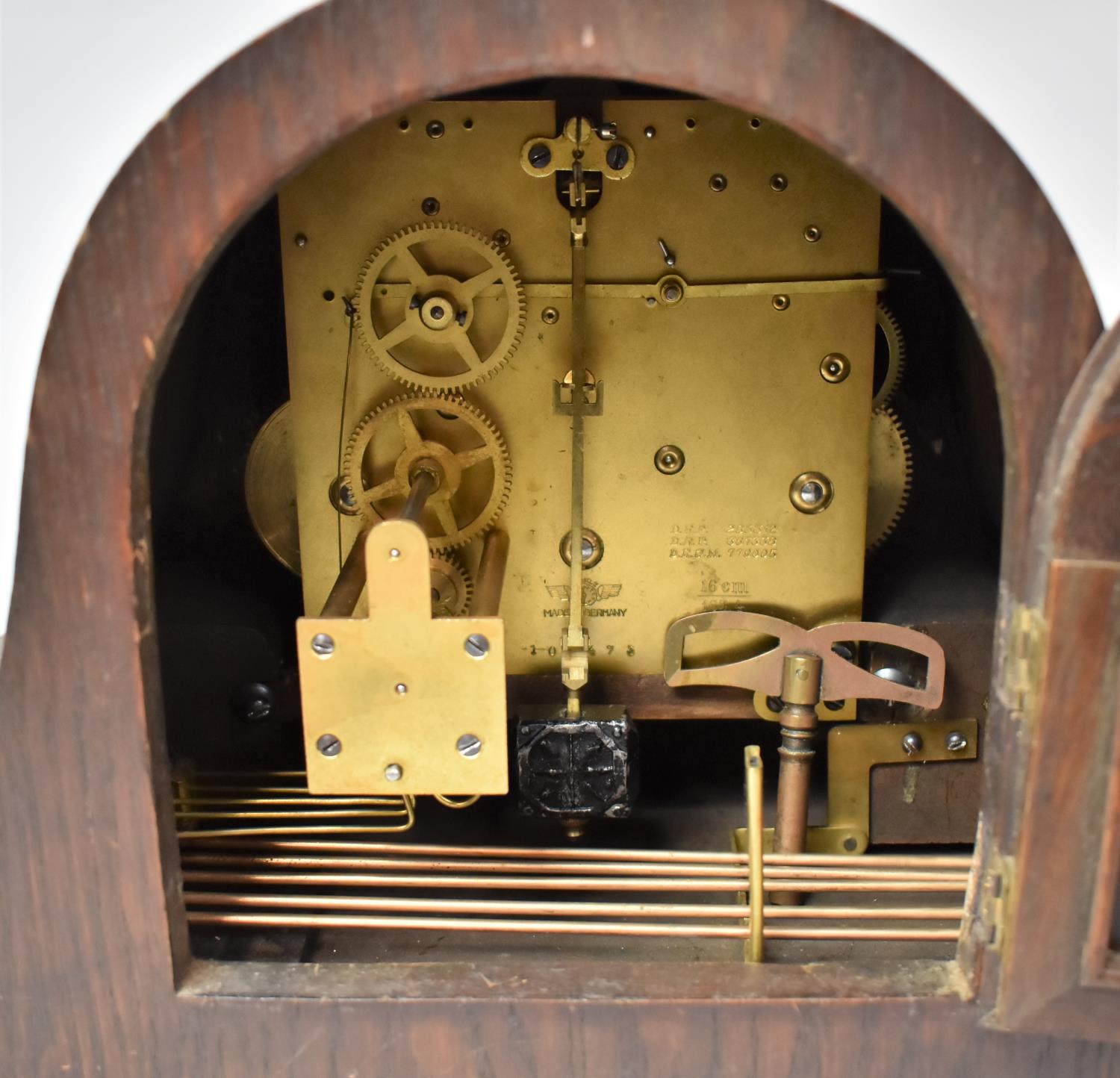 An Edwardian Oak Napoleon Hat Westminster Chime Mantle Clock, 52cm Wide - Image 2 of 2