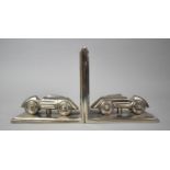A Pair of Chromed Bookends with Vintage Racing Car Mounts, Each 13cm high