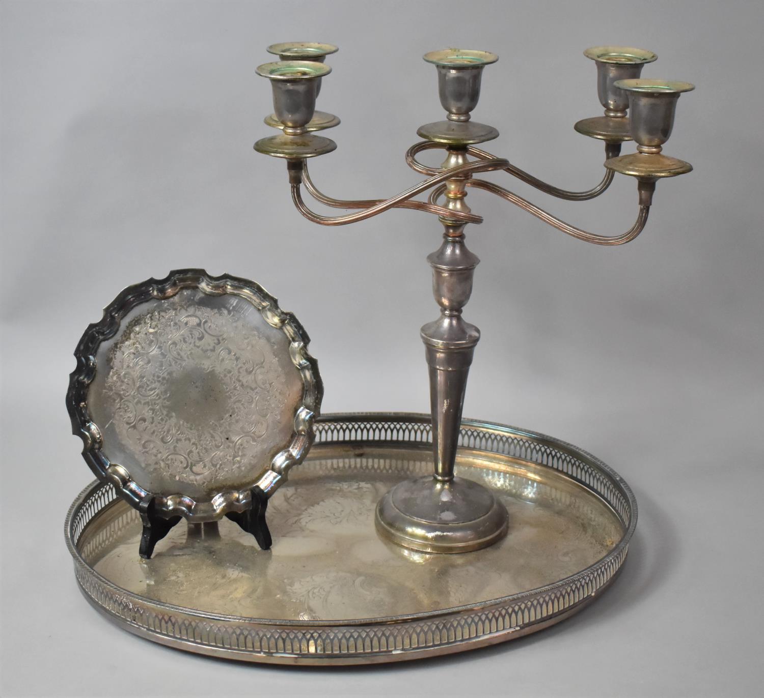 A Collection of Various Silver Plated Items to comprise Five Branch Candelabra, Salver and a