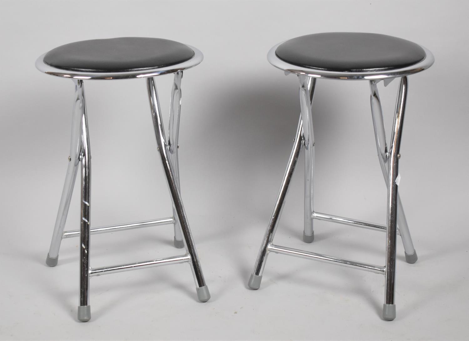 A Pair of Modern Circular Chrome Based Folding Stools, 40cm Diameter