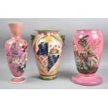 A Ceramic Vase, AF and Two Edwardian Pink Opaque Glass Vases Decorated with Birds and Flowers