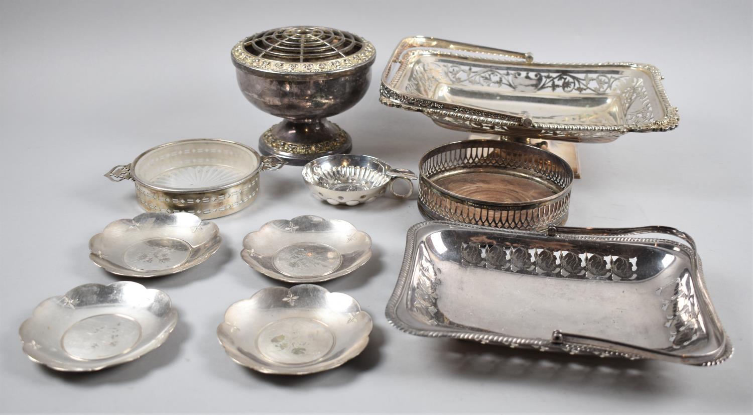 A Collection of Various Silver Plated Items to Include Cake Basket, Large Ladle, Rose Bowl etc