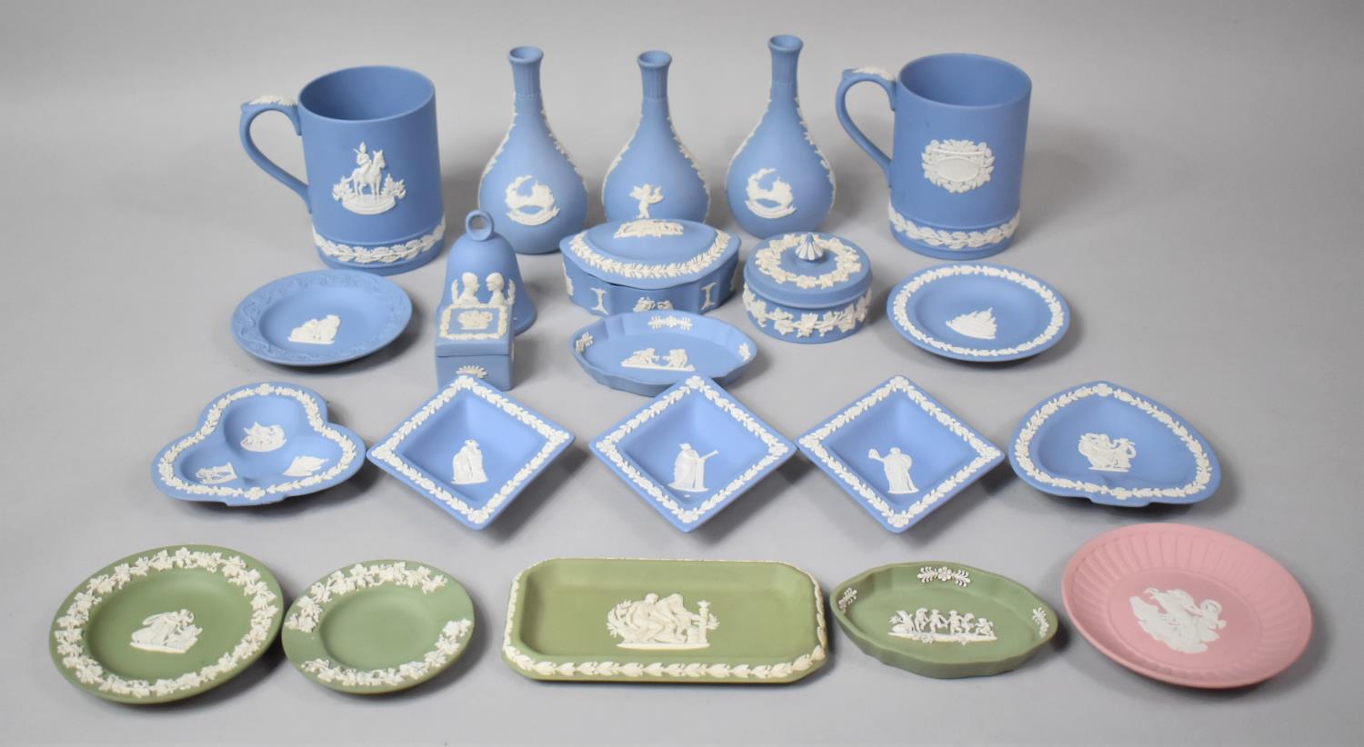 A Collection of Various Wedgwood Jasperware to include Blue and White Examples, Vases Mugs, Lidded