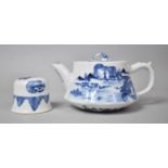 A Chinese Blue and White Teapot Having Exterior Village Scene, Temple Lion Finial, Double