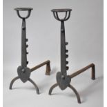 A Pair of Large Wrought Iron Arts and Crafts Andirons with Spit Rests and Heart Motif, 60cm high