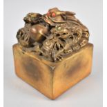 A Reproduction Chinese Gilt Bronze Seal of Square Form with Dragon Finials Having Coloured Stone