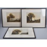 A Set of Three Framed Prints After Jean Baptiste Corot with Proof Stamps, Each 32x26cm