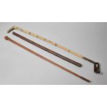 A Vintage Leather Covered Swagger Stick, Riding Whip and a Bamboo Crop