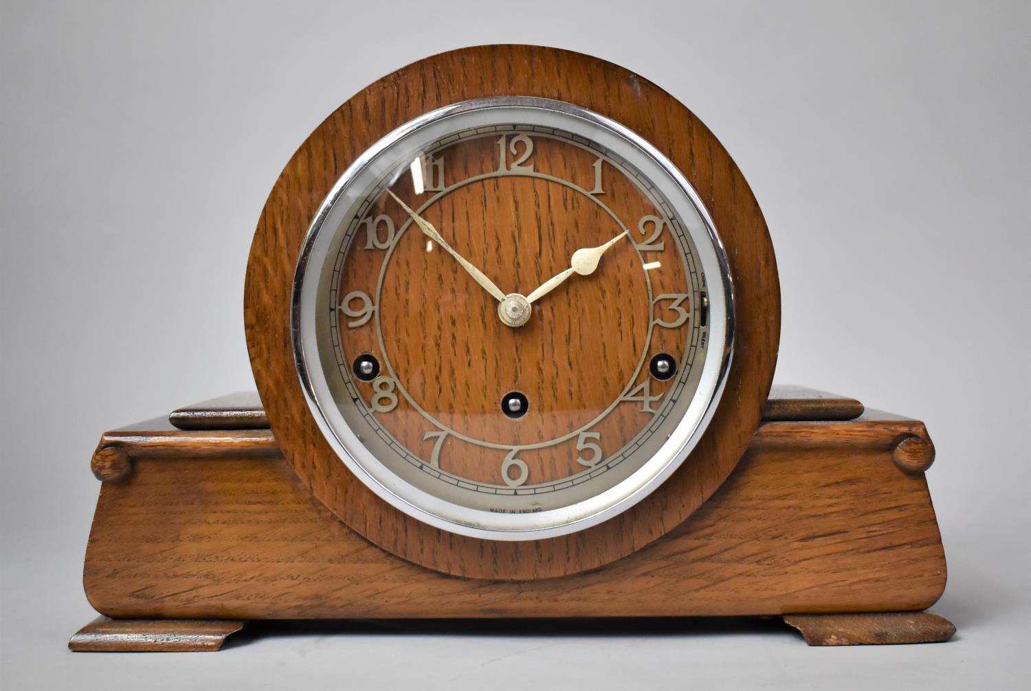 An Art Deco Oak Westminster Chime Mantle Clock on Plinth Base, with Key and Pendulum, 32cm wide