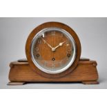An Art Deco Oak Westminster Chime Mantle Clock on Plinth Base, with Key and Pendulum, 32cm wide